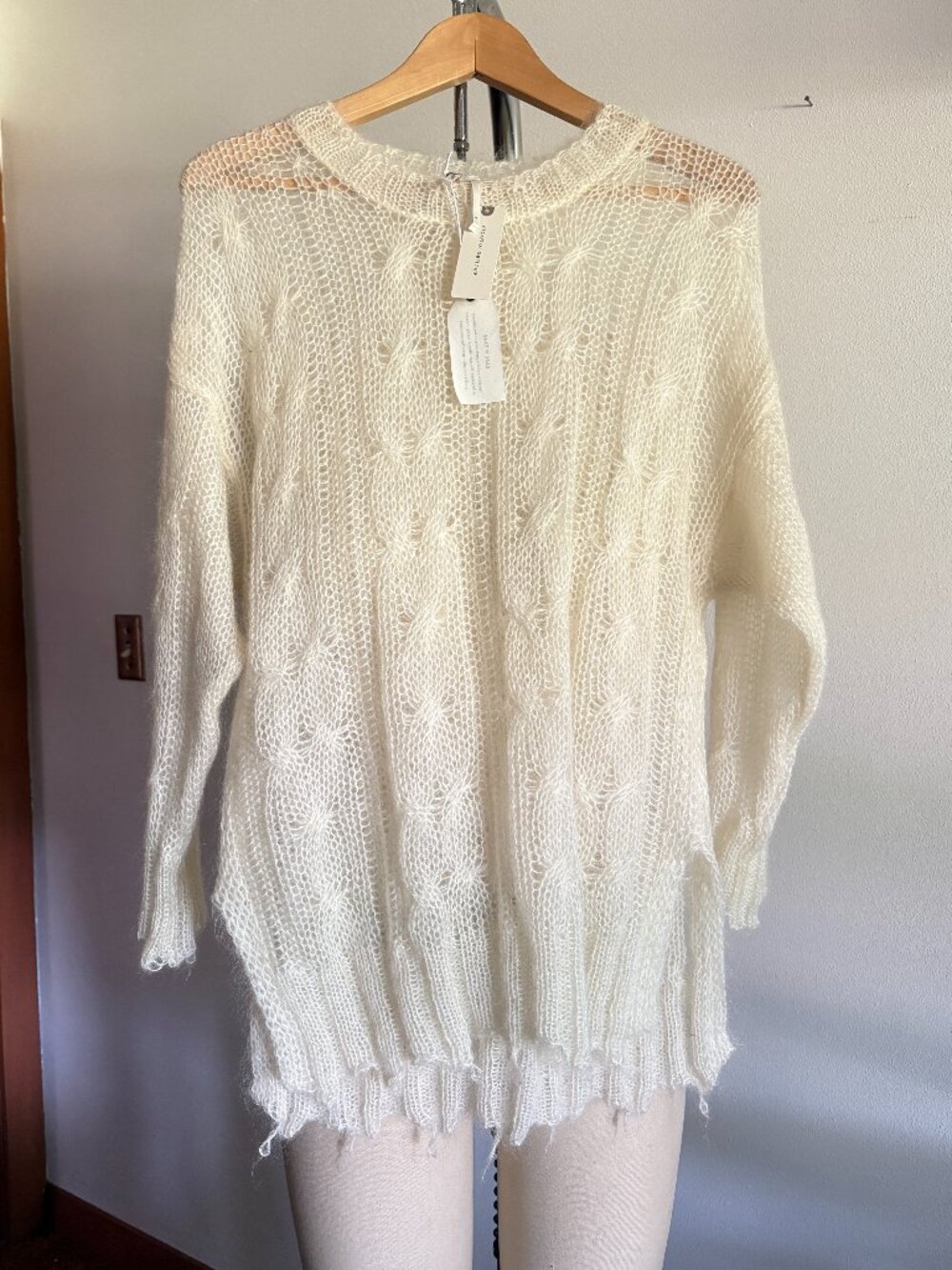NWT By Anthropologie Ivory Fuzzy Open-Knit Cable Tunic Sweater – Size S